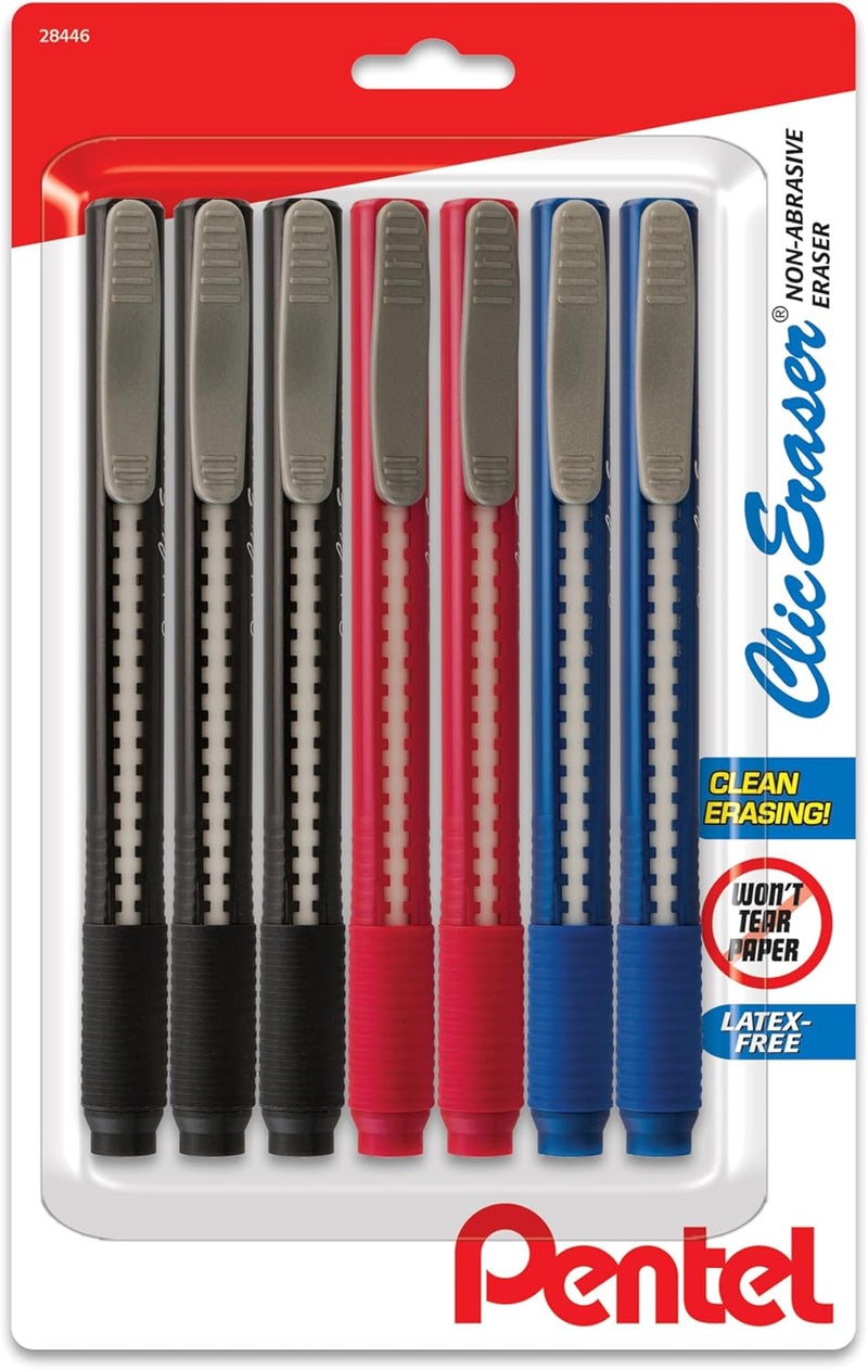 Pentel Clic Eraser Grip Retractable Eraser with Grip Office Barrel Colors (Black, Red, Blue) 7 Pack - Image 1
